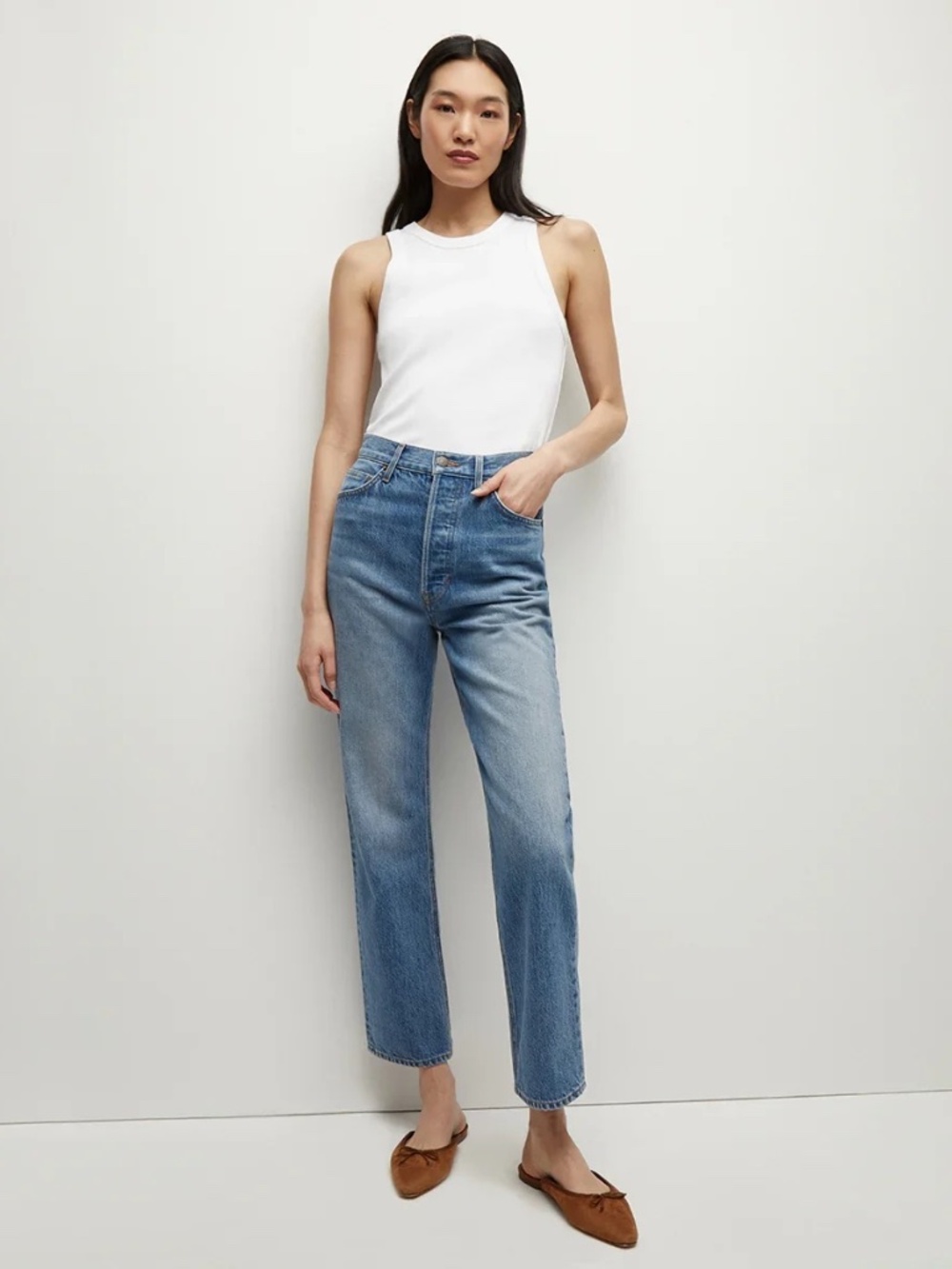 Veronica Beard Daniela Straight Leg Ankle High RiseLight Wash Jeans ($298)